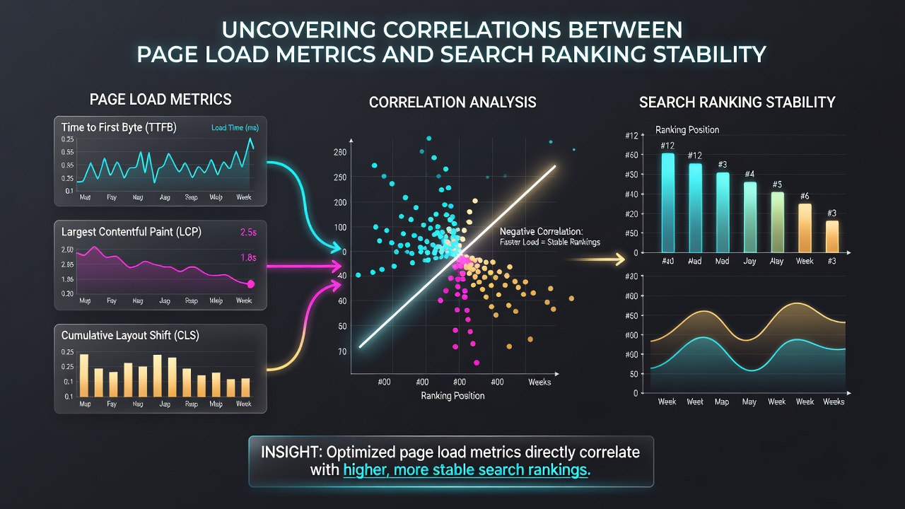 Heatmap illustrating correlation coefficients between load times and ranking position consistency across sample websites